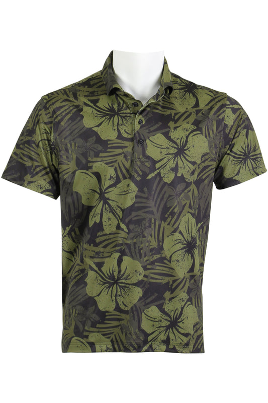 Black and Green Distressed Hibiscus Polo