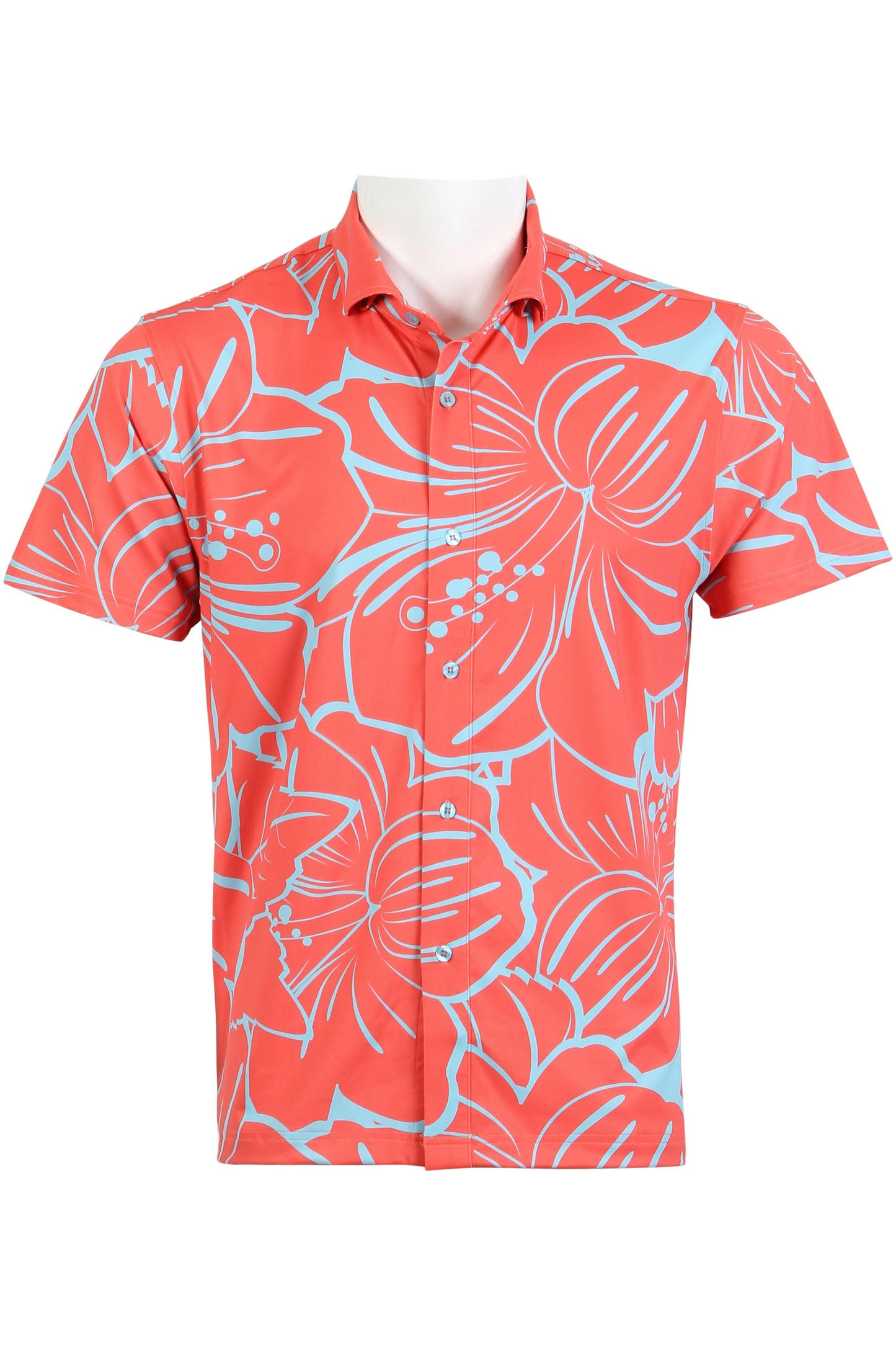 Coral Red and Blue Big Hibiscus Button Down