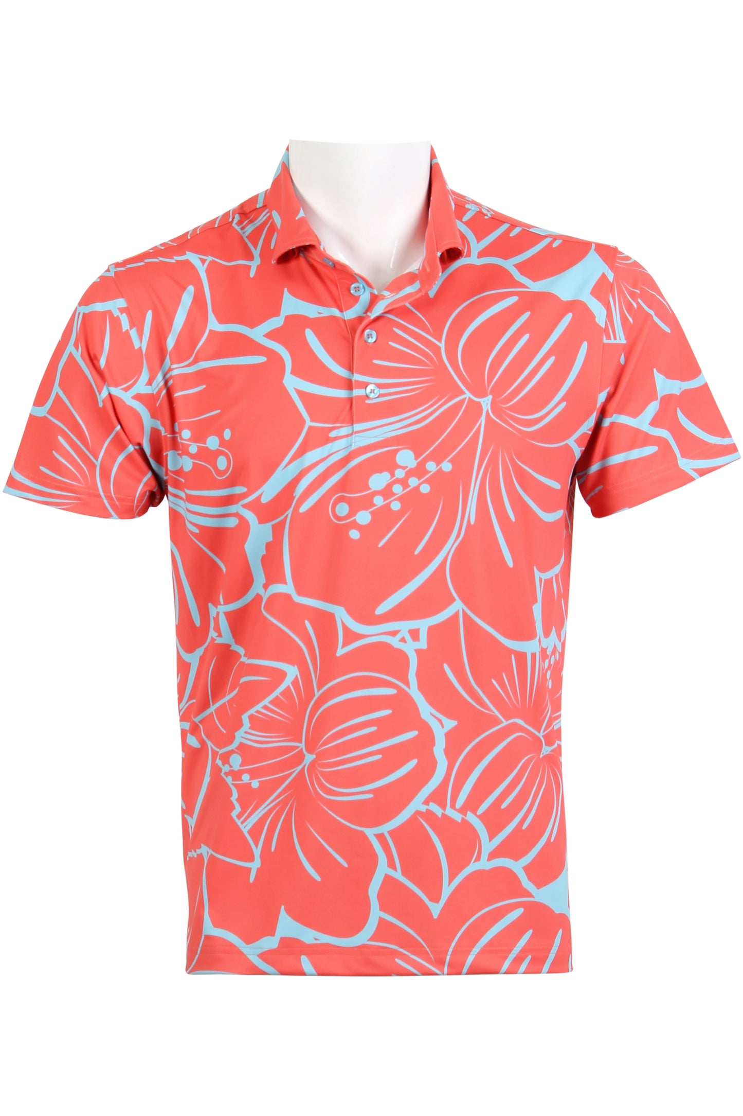 Coral Red and Blue Big Hibiscus Polo